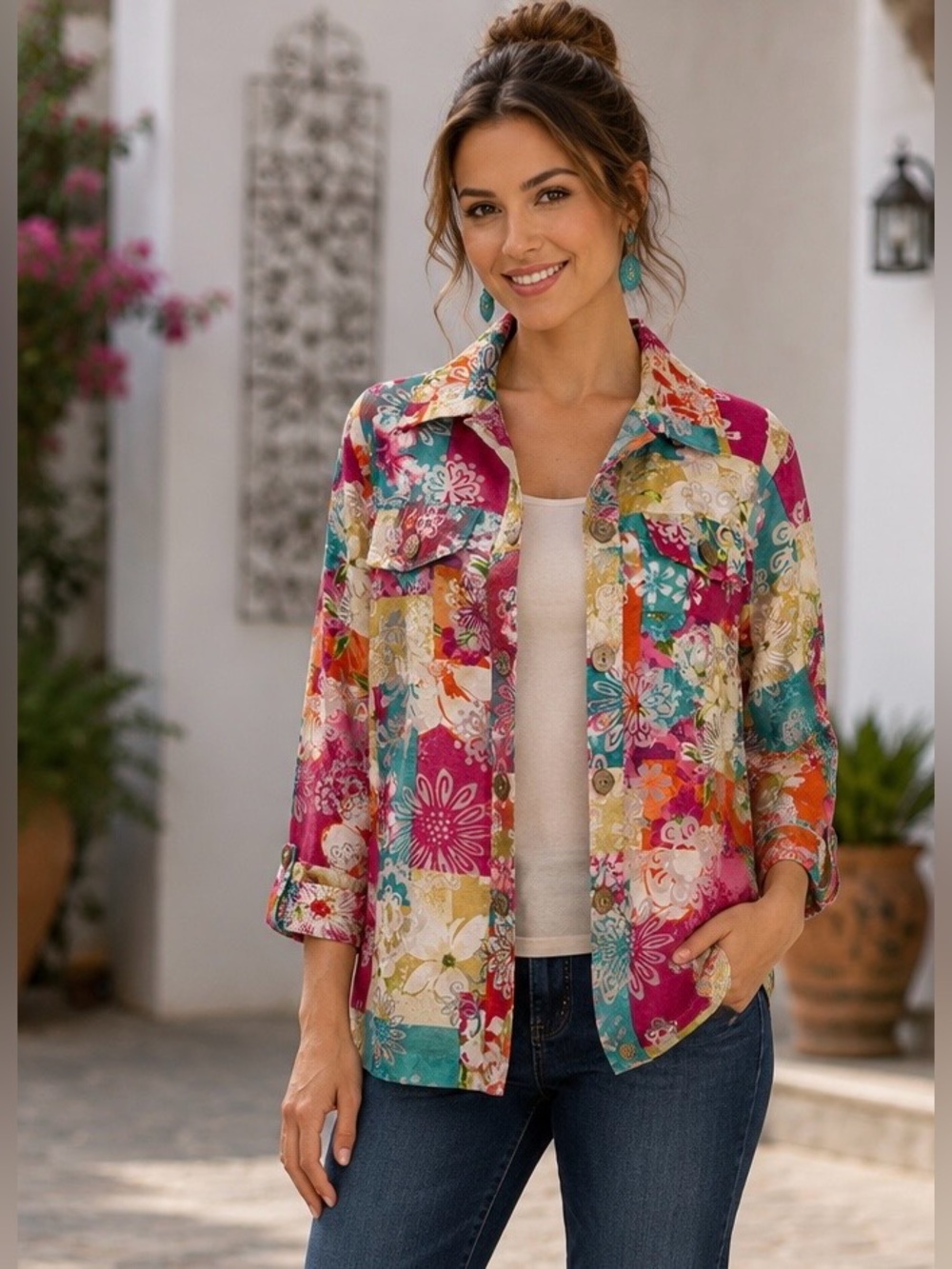 Draper’s & Damon’s Floral Patchwork Burnout Button Down Top M